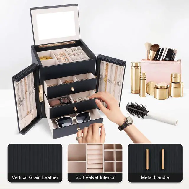 Alt view image 4 of 7 - Large Jewelry Box for Women, Jewelry Organizer Box with 3 Drawers, Jewelry Storage Organizer with Mirror for Necklace Ring Bracelet Watch, Gift Idea, 8.7 x 7.5 x 9.8 Inches (Black)
