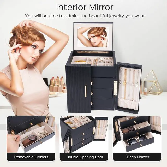 Alt view image 5 of 7 - Large Jewelry Box for Women, Jewelry Organizer Box with 3 Drawers, Jewelry Storage Organizer with Mirror for Necklace Ring Bracelet Watch, Gift Idea, 8.7 x 7.5 x 9.8 Inches (Black)