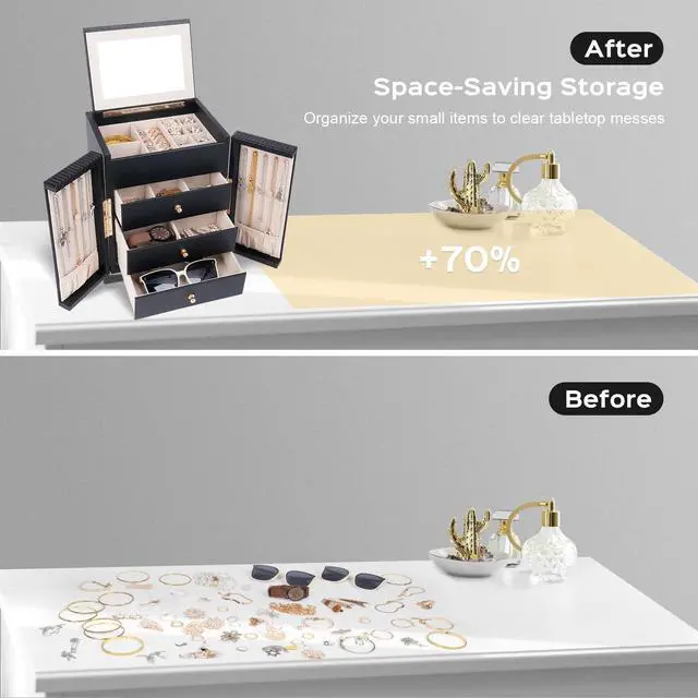 Alt view image 7 of 7 - Large Jewelry Box for Women, Jewelry Organizer Box with 3 Drawers, Jewelry Storage Organizer with Mirror for Necklace Ring Bracelet Watch, Gift Idea, 8.7 x 7.5 x 9.8 Inches (Black)