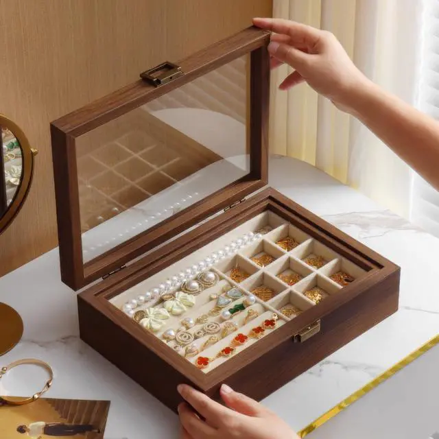 Alt view image 2 of 7 - 2-Layer Glass Lid Walnut Jewelry Box for Women, Vintage Style Solid Wood Jewelry Organizer and Display Case, Ideal Gift for Rings, Earrings, Necklaces & Bracelets