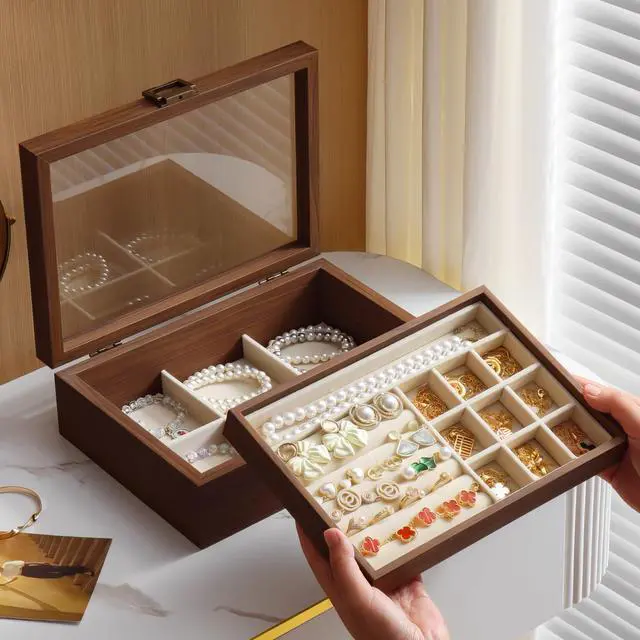Alt view image 3 of 7 - 2-Layer Glass Lid Walnut Jewelry Box for Women, Vintage Style Solid Wood Jewelry Organizer and Display Case, Ideal Gift for Rings, Earrings, Necklaces & Bracelets