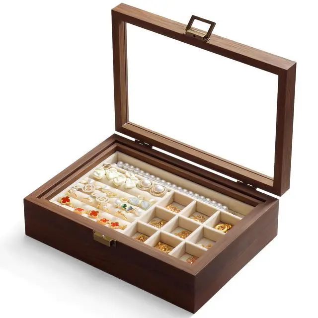 Alt view image 4 of 7 - 2-Layer Glass Lid Walnut Jewelry Box for Women, Vintage Style Solid Wood Jewelry Organizer and Display Case, Ideal Gift for Rings, Earrings, Necklaces & Bracelets