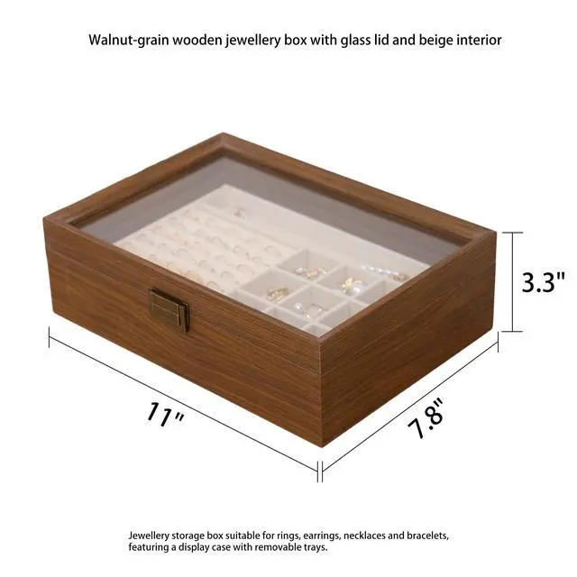 Alt view image 5 of 7 - 2-Layer Glass Lid Walnut Jewelry Box for Women, Vintage Style Solid Wood Jewelry Organizer and Display Case, Ideal Gift for Rings, Earrings, Necklaces & Bracelets