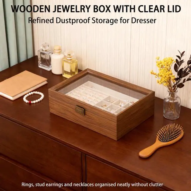 Alt view image 6 of 7 - 2-Layer Glass Lid Walnut Jewelry Box for Women, Vintage Style Solid Wood Jewelry Organizer and Display Case, Ideal Gift for Rings, Earrings, Necklaces & Bracelets