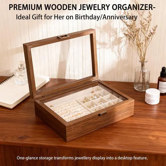 Alt view image 7 of 7 - 2-Layer Glass Lid Walnut Jewelry Box for Women, Vintage Style Solid Wood Jewelry Organizer and Display Case, Ideal Gift for Rings, Earrings, Necklaces & Bracelets