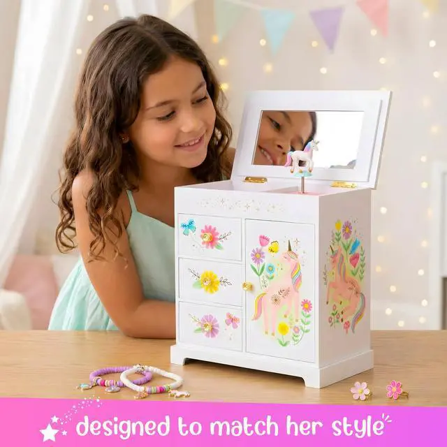 Alt view image 2 of 7 - Unicorn Musical Jewelry Box for Girls Unicorn Toys for Girls Age 4-6 Kids Jewelry Box with Drawers