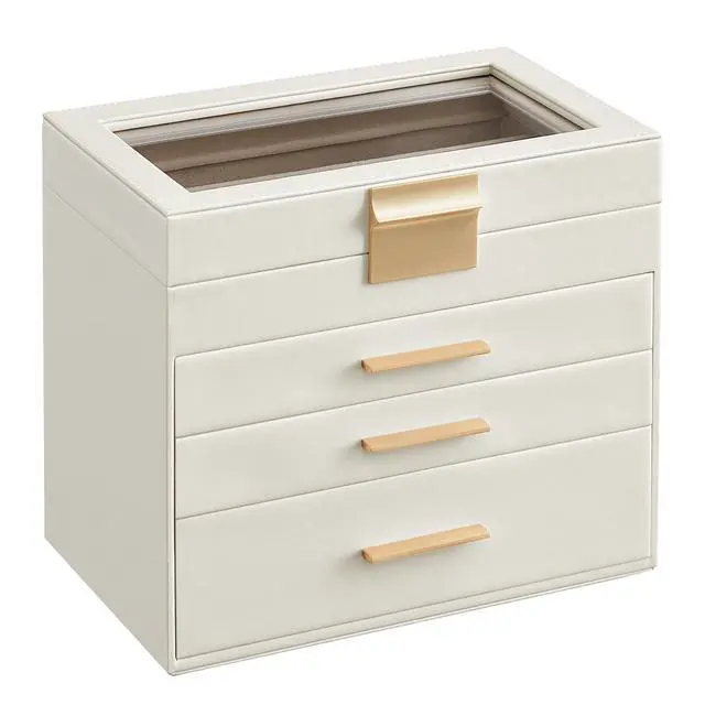 Main image of GISELLA Collection - Jewelry Box with Glass Lid, 4-Layer Jewelry Organizer, 3 Drawers, for Sunglasses, Big Jewelry, Jewelry Storage, Modern Style, Cloud White and Gold Colour UJBC161W01