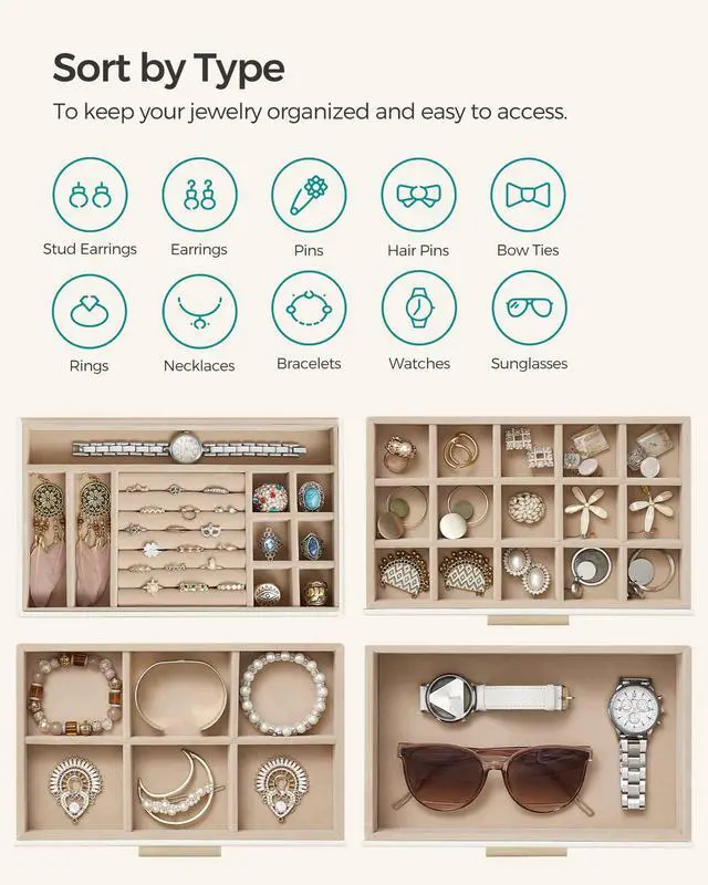 Alt view image 3 of 7 - GISELLA Collection - Jewelry Box with Glass Lid, 4-Layer Jewelry Organizer, 3 Drawers, for Sunglasses, Big Jewelry, Jewelry Storage, Modern Style, Cloud White and Gold Colour UJBC161W01