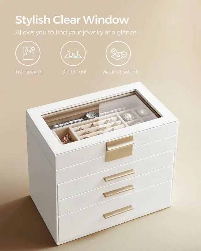 Alt view image 5 of 7 - GISELLA Collection - Jewelry Box with Glass Lid, 4-Layer Jewelry Organizer, 3 Drawers, for Sunglasses, Big Jewelry, Jewelry Storage, Modern Style, Cloud White and Gold Colour UJBC161W01