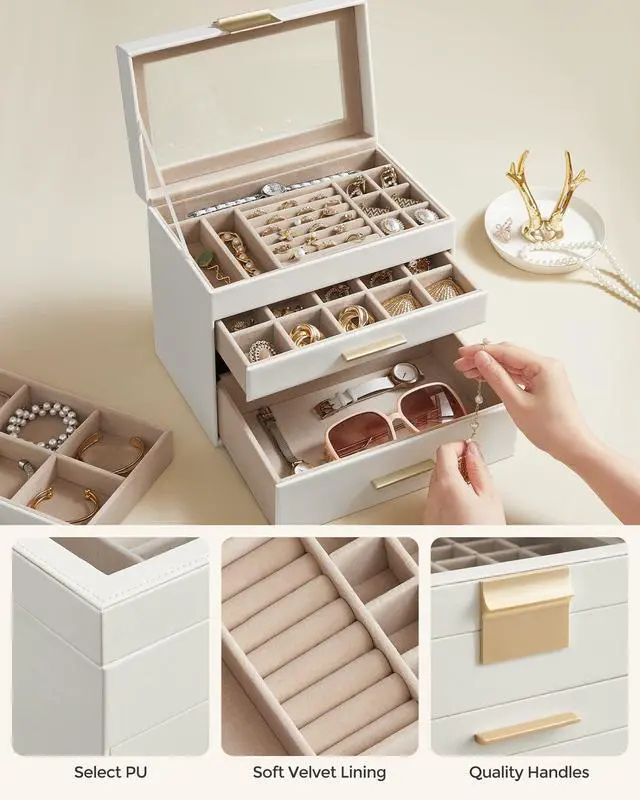 Alt view image 6 of 7 - GISELLA Collection - Jewelry Box with Glass Lid, 4-Layer Jewelry Organizer, 3 Drawers, for Sunglasses, Big Jewelry, Jewelry Storage, Modern Style, Cloud White and Gold Colour UJBC161W01