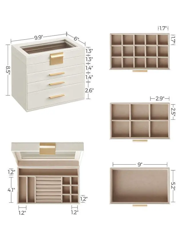 Alt view image 7 of 7 - GISELLA Collection - Jewelry Box with Glass Lid, 4-Layer Jewelry Organizer, 3 Drawers, for Sunglasses, Big Jewelry, Jewelry Storage, Modern Style, Cloud White and Gold Colour UJBC161W01