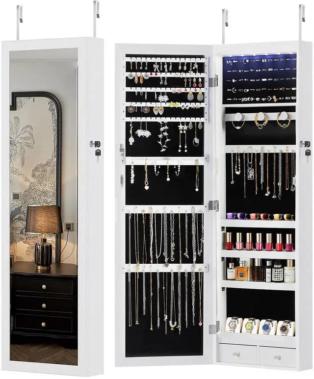 Main image of 6 LEDs Mirror Jewelry Cabinet, Wall or Door Mounted Jewelry Organizer, 47.2-Inch Tall Lockable Large Capacity Cosmetic Storage, Gift Idea, White