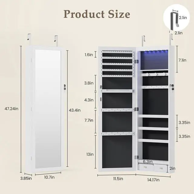 Alt view image 2 of 7 - 6 LEDs Mirror Jewelry Cabinet, Wall or Door Mounted Jewelry Organizer, 47.2-Inch Tall Lockable Large Capacity Cosmetic Storage, Gift Idea, White