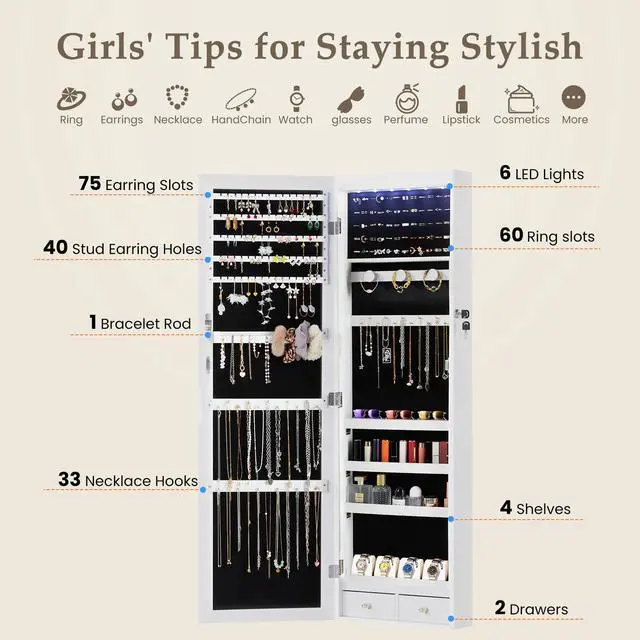 Alt view image 3 of 7 - 6 LEDs Mirror Jewelry Cabinet, Wall or Door Mounted Jewelry Organizer, 47.2-Inch Tall Lockable Large Capacity Cosmetic Storage, Gift Idea, White