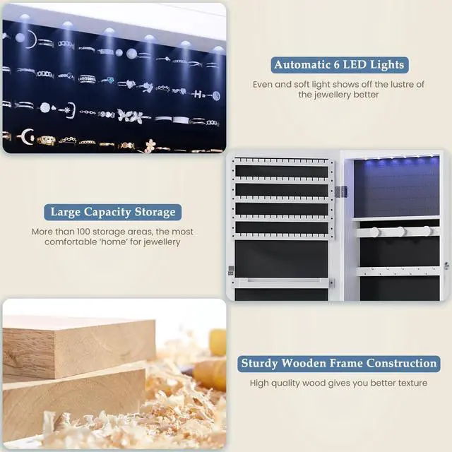 Alt view image 4 of 7 - 6 LEDs Mirror Jewelry Cabinet, Wall or Door Mounted Jewelry Organizer, 47.2-Inch Tall Lockable Large Capacity Cosmetic Storage, Gift Idea, White