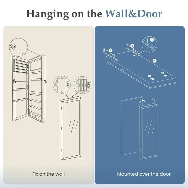 Alt view image 5 of 7 - 6 LEDs Mirror Jewelry Cabinet, Wall or Door Mounted Jewelry Organizer, 47.2-Inch Tall Lockable Large Capacity Cosmetic Storage, Gift Idea, White