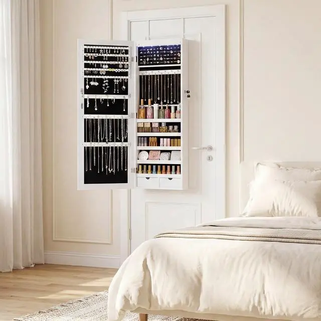 Alt view image 7 of 7 - 6 LEDs Mirror Jewelry Cabinet, Wall or Door Mounted Jewelry Organizer, 47.2-Inch Tall Lockable Large Capacity Cosmetic Storage, Gift Idea, White