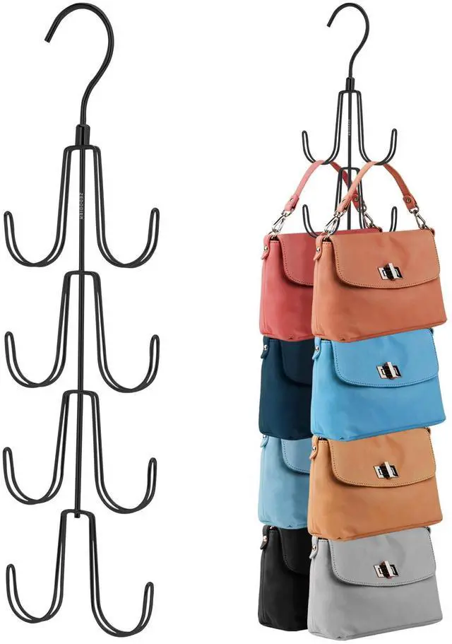 Main image of 2 Pack Purse Organizer for Closet, Rotatable Purse Hanger Bag Holder, Max 16 Storage Capacity Backpack Rack, Metal Space Saving Hanger, Black