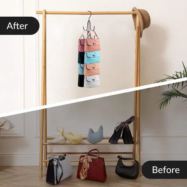 Alt view image 3 of 7 - 2 Pack Purse Organizer for Closet, Rotatable Purse Hanger Bag Holder, Max 16 Storage Capacity Backpack Rack, Metal Space Saving Hanger, Black
