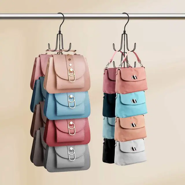 Alt view image 7 of 7 - 2 Pack Purse Organizer for Closet, Rotatable Purse Hanger Bag Holder, Max 16 Storage Capacity Backpack Rack, Metal Space Saving Hanger, Black