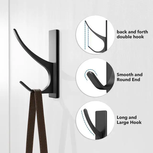 Alt view image 5 of 7 - Matt Black Self Adhesive Coat Hooks for Hanging: 13LB Extra Strong Stainless Wall Hook for Towel, Utensil, Backpack, Hat, Sturdy Metal Hanger for Bathroom, Kitchen, Door, 6-Pack