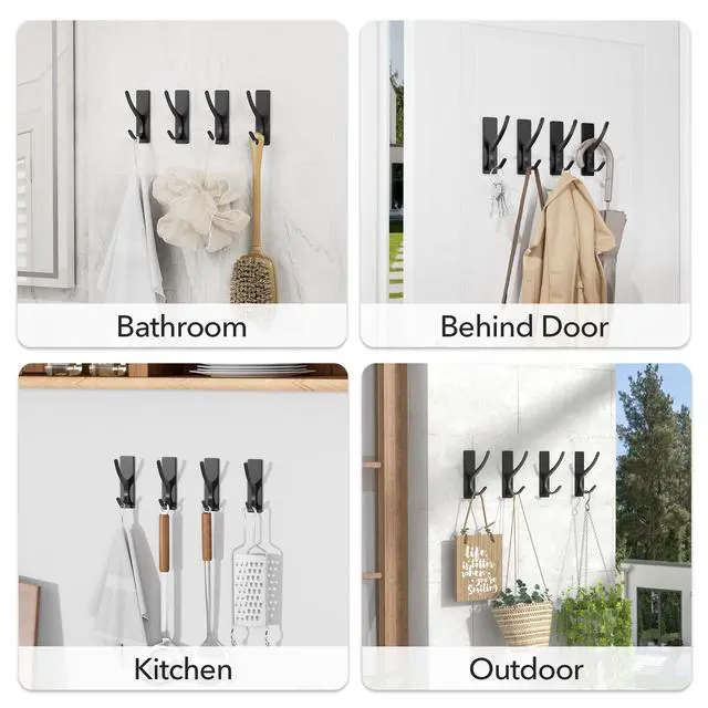 Alt view image 7 of 7 - Matt Black Self Adhesive Coat Hooks for Hanging: 13LB Extra Strong Stainless Wall Hook for Towel, Utensil, Backpack, Hat, Sturdy Metal Hanger for Bathroom, Kitchen, Door, 6-Pack