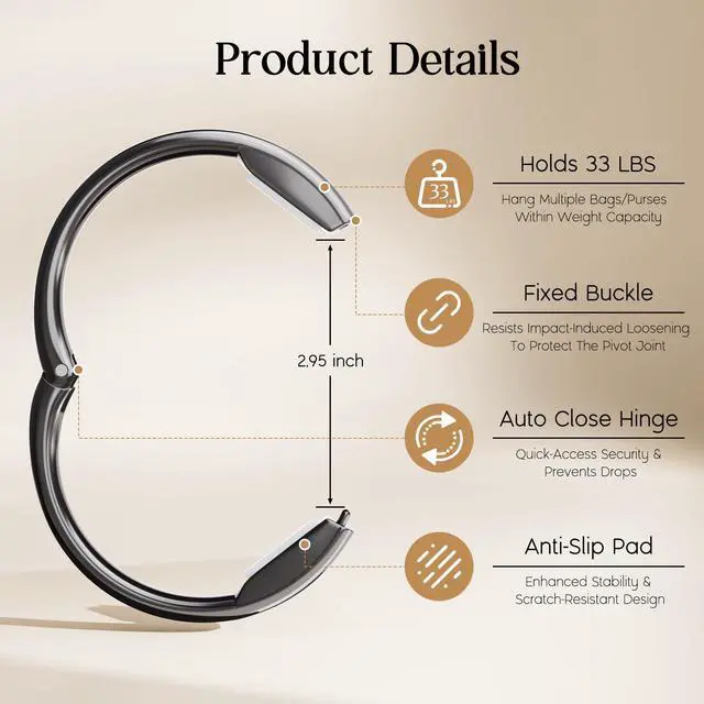 Alt view image 2 of 7 - Purse Hook for Table - Upgraded Snap-On Closure Design Bag Hanger - Heavy Duty Handbag Holder Holds 33 lbs - Portable Desk Hook for Purses, Bags, Backpacks in Restaurant, Office, Car (Black)