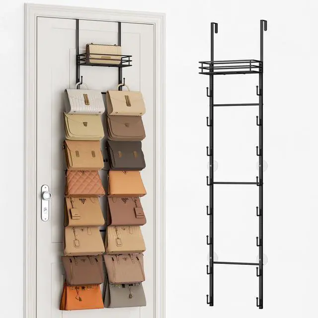 Main image of Over the Door Purse Organizer - Wall Mounted Handbag Organizer with 16 Hooks and Metal Basket, Hanging Purse Storage Rack Holds up to 16 Bags, Bag Rack Can Use As 1/2 Part, for Door, Closet