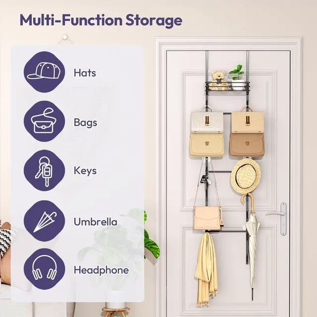Alt view image 2 of 7 - Over the Door Purse Organizer - Wall Mounted Handbag Organizer with 16 Hooks and Metal Basket, Hanging Purse Storage Rack Holds up to 16 Bags, Bag Rack Can Use As 1/2 Part, for Door, Closet
