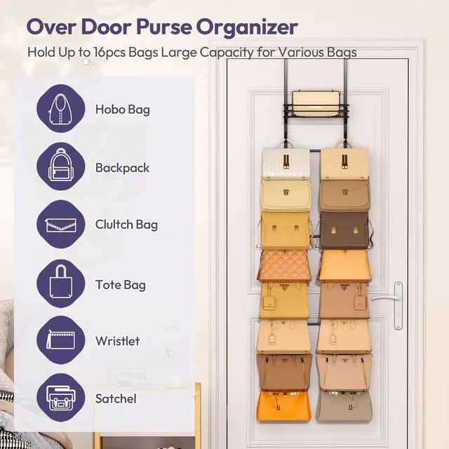 Alt view image 3 of 7 - Over the Door Purse Organizer - Wall Mounted Handbag Organizer with 16 Hooks and Metal Basket, Hanging Purse Storage Rack Holds up to 16 Bags, Bag Rack Can Use As 1/2 Part, for Door, Closet