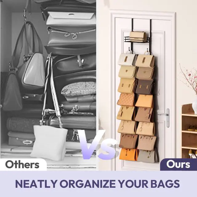 Alt view image 4 of 7 - Over the Door Purse Organizer - Wall Mounted Handbag Organizer with 16 Hooks and Metal Basket, Hanging Purse Storage Rack Holds up to 16 Bags, Bag Rack Can Use As 1/2 Part, for Door, Closet