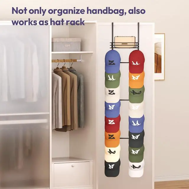 Alt view image 6 of 7 - Over the Door Purse Organizer - Wall Mounted Handbag Organizer with 16 Hooks and Metal Basket, Hanging Purse Storage Rack Holds up to 16 Bags, Bag Rack Can Use As 1/2 Part, for Door, Closet