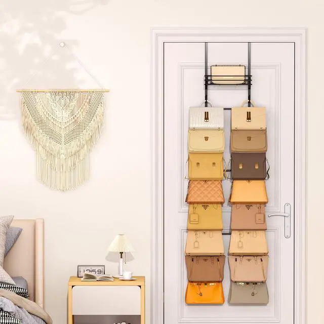 Alt view image 7 of 7 - Over the Door Purse Organizer - Wall Mounted Handbag Organizer with 16 Hooks and Metal Basket, Hanging Purse Storage Rack Holds up to 16 Bags, Bag Rack Can Use As 1/2 Part, for Door, Closet
