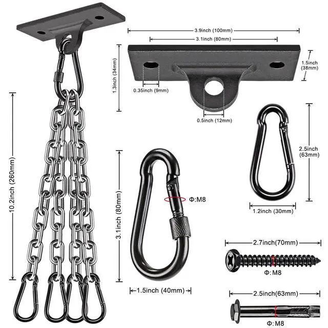 Alt view image 4 of 7 - Heavy Duty Boxing Punching Bag Chain,450 LB Capacity, Wall Mount Ceiling Hooks for Boxing& MMA,Wood Beam Holder with 4 Chains and 4 Carabiners,2 Wood Screws for Wooden Sets
