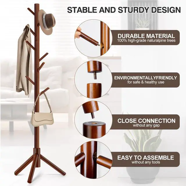 Alt view image 3 of 7 - Coat Rack, Freestanding Coat Rack with 8 Hooks and 3 Adjustable Size Tree Coat Racks for Bedroom, Hallway, Entrance, Office, for Hats, Coats, Scarves, Handbags