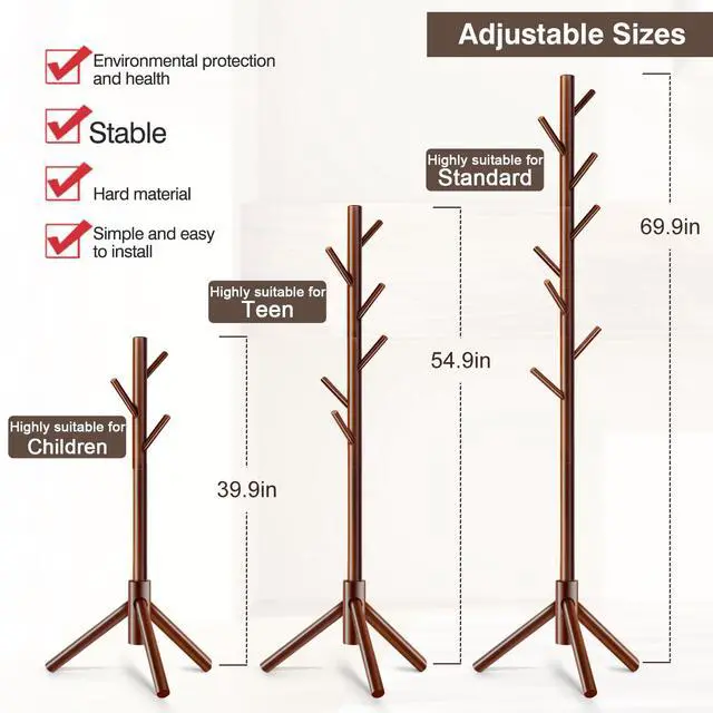 Alt view image 6 of 7 - Coat Rack, Freestanding Coat Rack with 8 Hooks and 3 Adjustable Size Tree Coat Racks for Bedroom, Hallway, Entrance, Office, for Hats, Coats, Scarves, Handbags