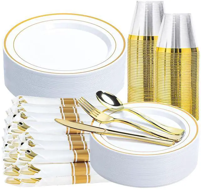 Main image of 175 PCS White and Gold Plastic Dinnerware Set for 25 Guests, Disposable Party Plates for 25 Guests, Include: 50 Plastic Plates, 25 Pre Rolled Napkins with Gold Silverware, 25 Cups