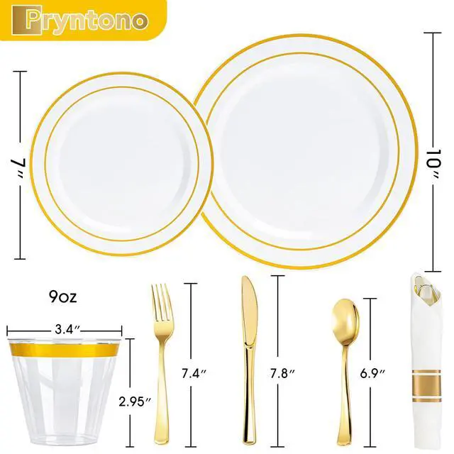Alt view image 2 of 6 - 175 PCS White and Gold Plastic Dinnerware Set for 25 Guests, Disposable Party Plates for 25 Guests, Include: 50 Plastic Plates, 25 Pre Rolled Napkins with Gold Silverware, 25 Cups