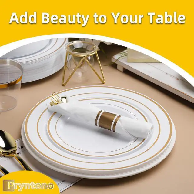 Alt view image 5 of 6 - 175 PCS White and Gold Plastic Dinnerware Set for 25 Guests, Disposable Party Plates for 25 Guests, Include: 50 Plastic Plates, 25 Pre Rolled Napkins with Gold Silverware, 25 Cups