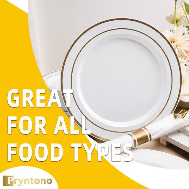 Alt view image 6 of 6 - 175 PCS White and Gold Plastic Dinnerware Set for 25 Guests, Disposable Party Plates for 25 Guests, Include: 50 Plastic Plates, 25 Pre Rolled Napkins with Gold Silverware, 25 Cups