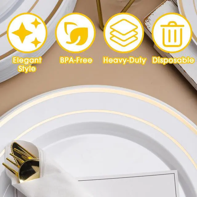 Alt view image 3 of 6 - 175 PCS White and Gold Plastic Dinnerware Set for 25 Guests, Disposable Party Plates for 25 Guests, Include: 50 Plastic Plates, 25 Pre Rolled Napkins with Gold Silverware, 25 Cups