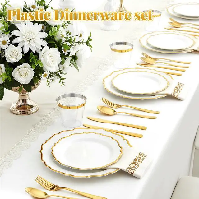Alt view image 3 of 7 - 175 Piece Disposable Plastic Plates Dinnerware Set for 25 Guests