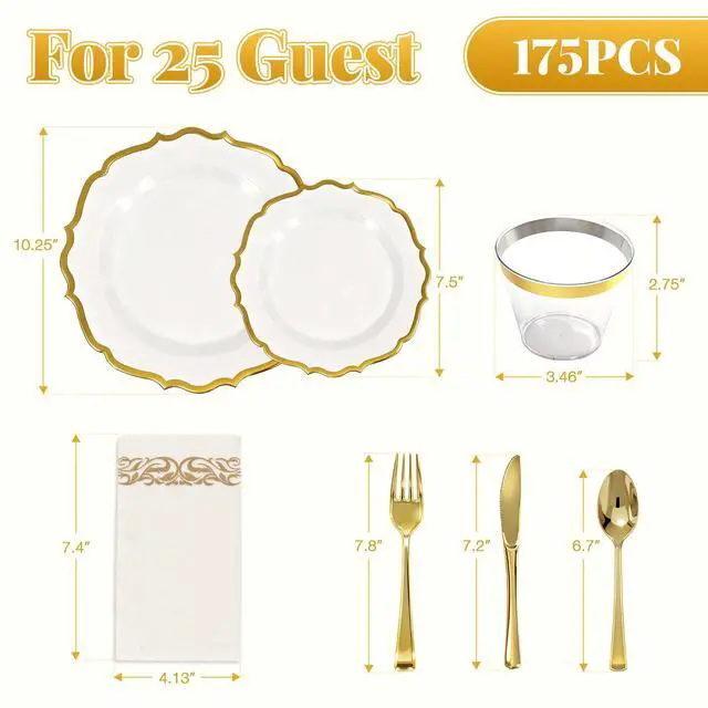 Alt view image 4 of 7 - 175 Piece Disposable Plastic Plates Dinnerware Set for 25 Guests