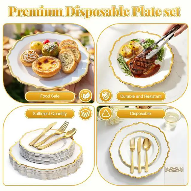 Alt view image 6 of 7 - 175 Piece Disposable Plastic Plates Dinnerware Set for 25 Guests