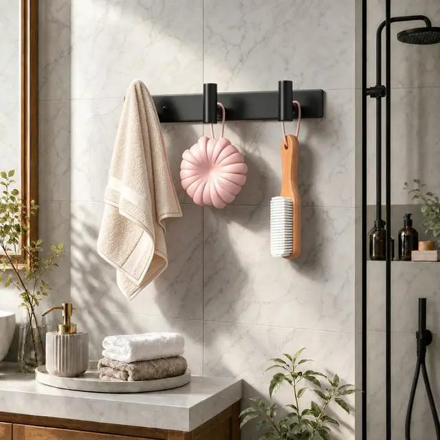Alt view image 4 of 7 - Wall Mounted Coat Rack-3 Hooks, Heavy Duty Stainless Steel Wall Hooks for Towel Coat Bag, Hat Rack Coat Hanger Coat Hooks Towel Racks for Bathroom Entryway Kitchen Hotel Office (Black, 1 Pack)