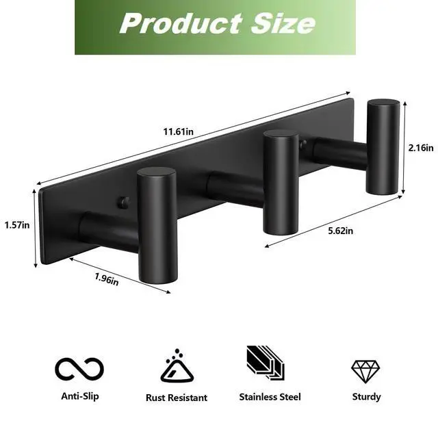 Alt view image 2 of 7 - Wall Mounted Coat Rack-3 Hooks, Heavy Duty Stainless Steel Wall Hooks for Towel Coat Bag, Hat Rack Coat Hanger Coat Hooks Towel Racks for Bathroom Entryway Kitchen Hotel Office (Black, 1 Pack)