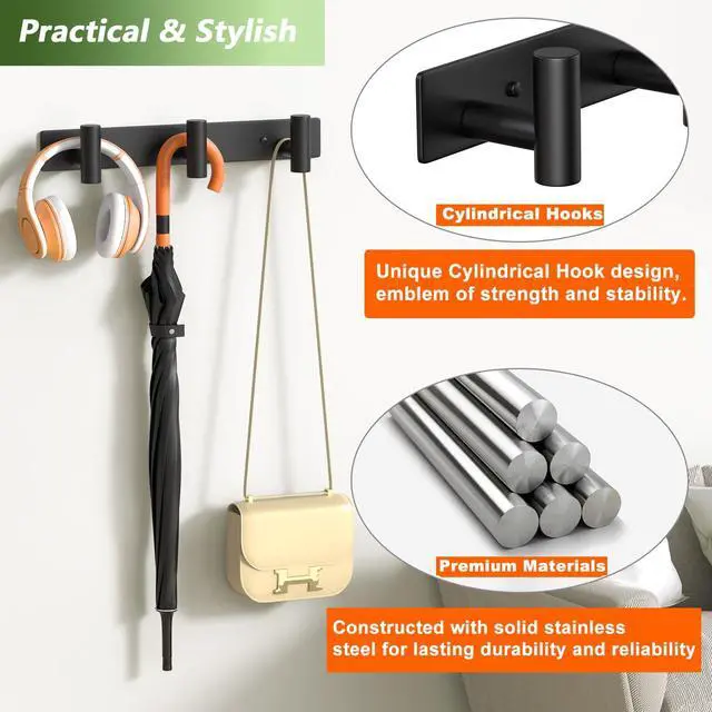 Alt view image 6 of 7 - Wall Mounted Coat Rack-3 Hooks, Heavy Duty Stainless Steel Wall Hooks for Towel Coat Bag, Hat Rack Coat Hanger Coat Hooks Towel Racks for Bathroom Entryway Kitchen Hotel Office (Black, 1 Pack)