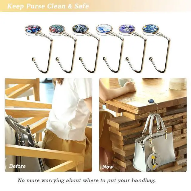 Alt view image 2 of 7 - 6Pcs Portable Purse Hook Handbag Hanger for Table, Fashionable Long Handbag Bag Holder Under Counter, Christmas Stocking Holders Mantel Hooks for Women Girls Bags Storage(6 Vintage Patterns)