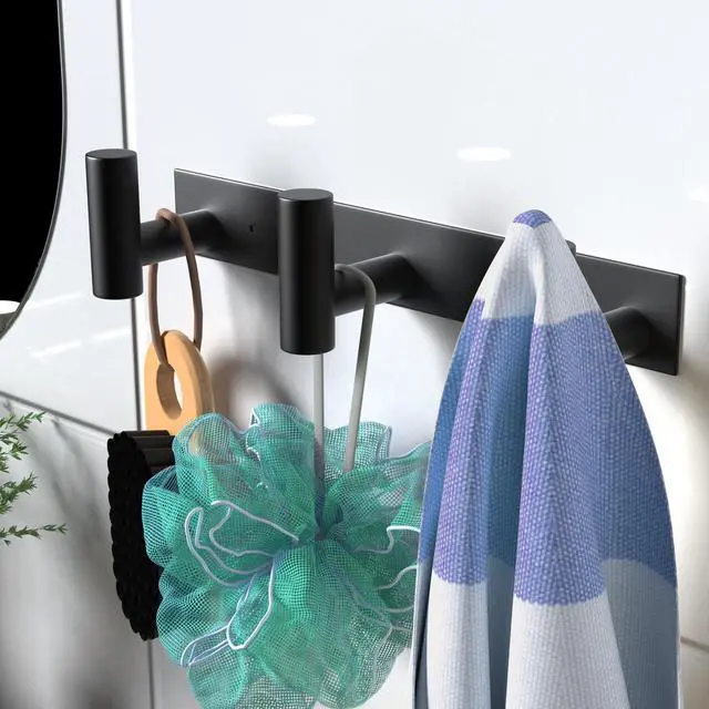 Alt view image 2 of 5 - Black Hat and Coat Wall Mount Rack - 3 Hooks for Robes, Bags, Keys, and Towels - Bathroom Towel Hanger Organizer (1 Pack)