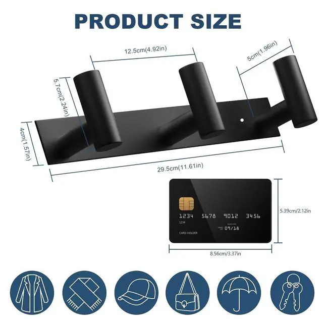 Alt view image 4 of 5 - Black Hat and Coat Wall Mount Rack - 3 Hooks for Robes, Bags, Keys, and Towels - Bathroom Towel Hanger Organizer (1 Pack)